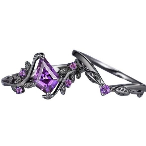 Rhombus Cut Purple Natural Amethyst Engagement Wedding Ring Set in Rhodium - Picture 2 of 7